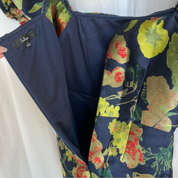 *SOLD c* Lulu’s So Stunning Navy Blue Floral Jacquard Puff Sleeve Dress small - Picture 10 of 16